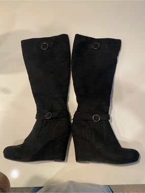 Black Wedge Knee-High Boots - Classic Suede Look